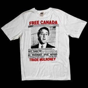 80s vintage “Free Canada Trade Mulroney” political t-shirt joke trading card.